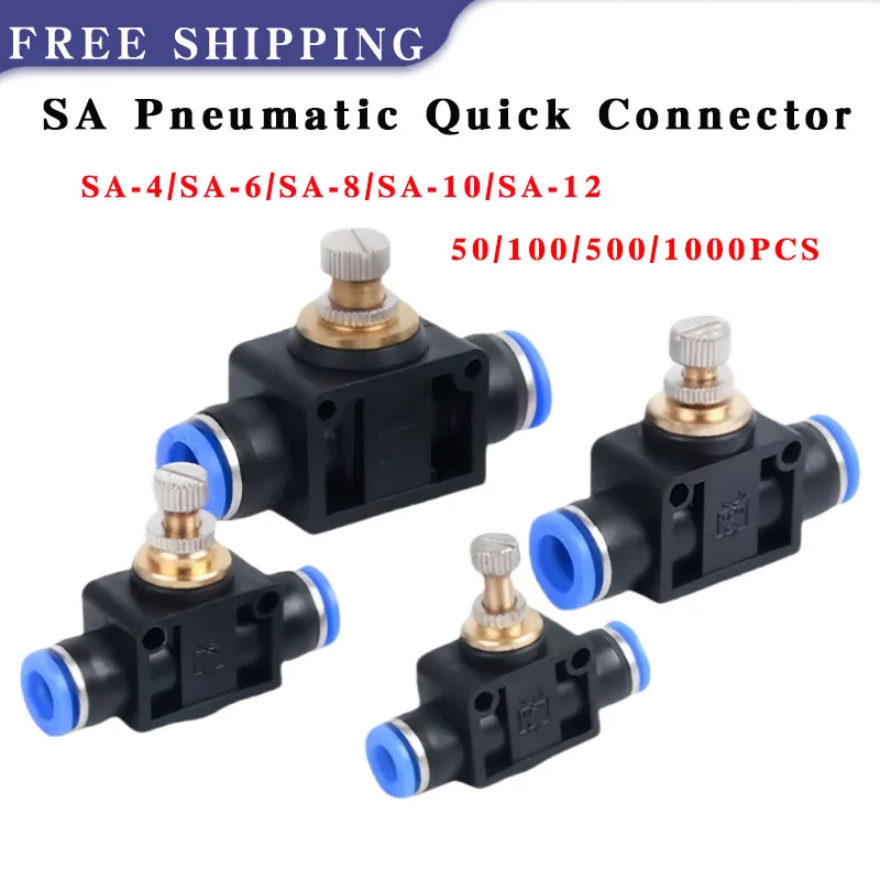20/50/100PCS SA Series ปรับ One Way Flow Control วาล์ว Push In OD 4-12 มม.ตรงนิวเมติกเข็มวาล์วสําหรับ Air ท่อ 1