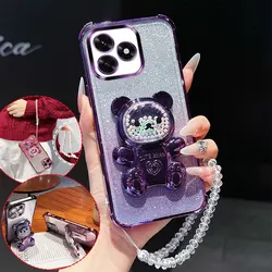 Enhanced Shockproof Phone Case with 3D Bear Stand and Crystal Chain Lanyard for Honor X6a (Purple)