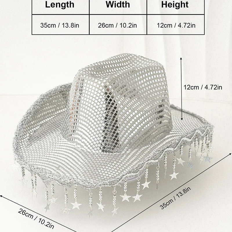 Bling Stars Tassel Cowgirl Hats Womens Mens Shiny Sequins Wide Brim Cowgirl Hat Western Themed Party Caps for Streetwear