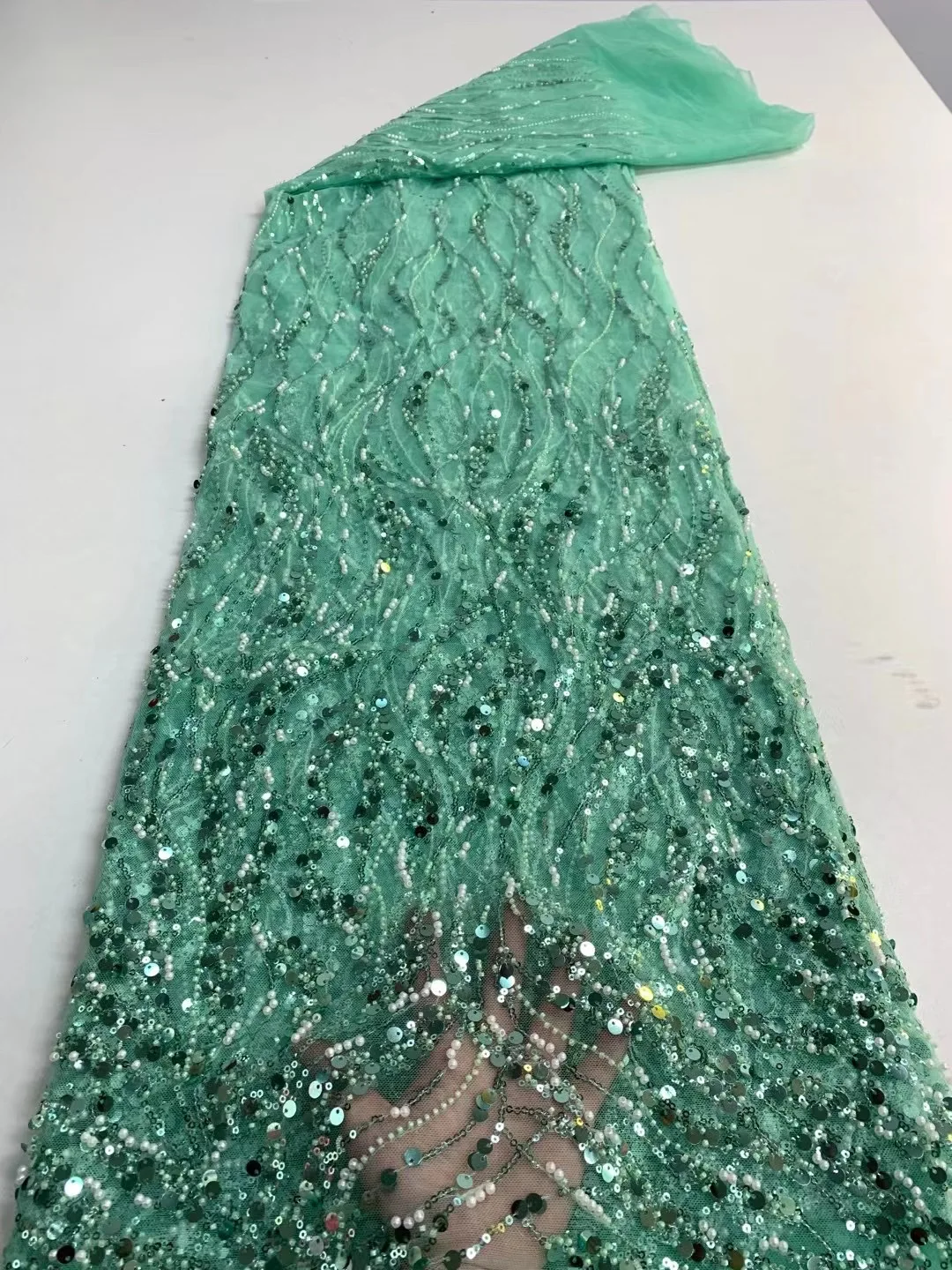 Latest Luxury Sequins Tulle Lace African Handmade Beaded Lace French 2022 High Quality Fabric Nigeria Bride Wedding Dress Sew
