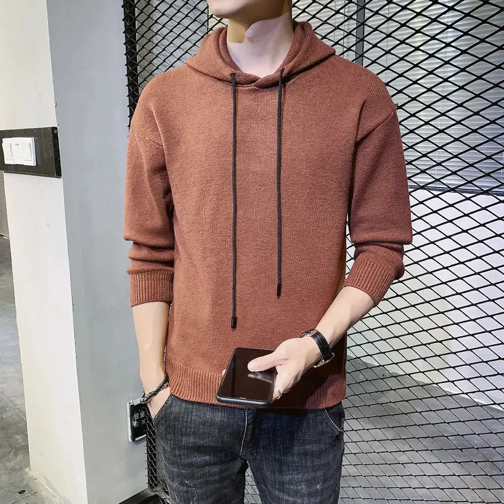

Men's Slim Sweater Korean Style Knitted Tights with Hood Shirt Solid Color Autumn and Winter Mens Clothes