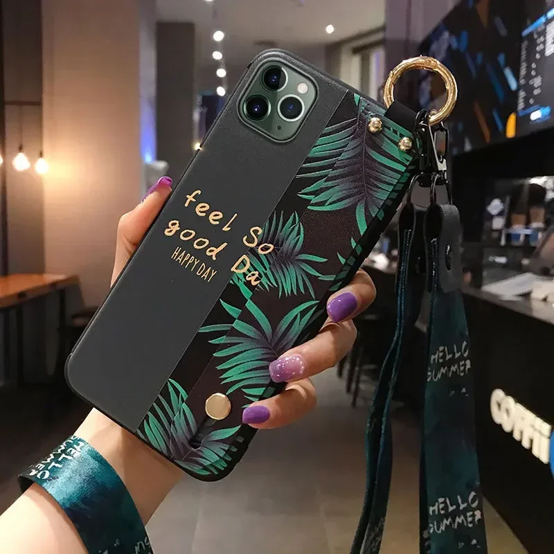 Retro Colorful Flower Soft TPU Phone Holder Lanyard Case with Neck Wrist Strap