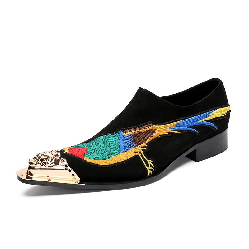 Christia Bella New Luxury Embroidery Bird Men Suede Leather Shoes Metal Pointed Toe Men Dress Oxford Shoes Party Mens Suit