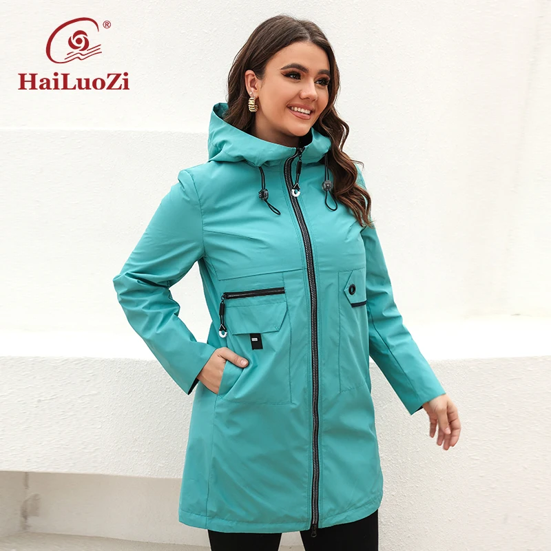 

HaiLuoZi 2022 Women's Trench Coat Windproof Jacket for Women Spring Short Parka Hooded Casual Windbreaker Pockets Outwear 2202