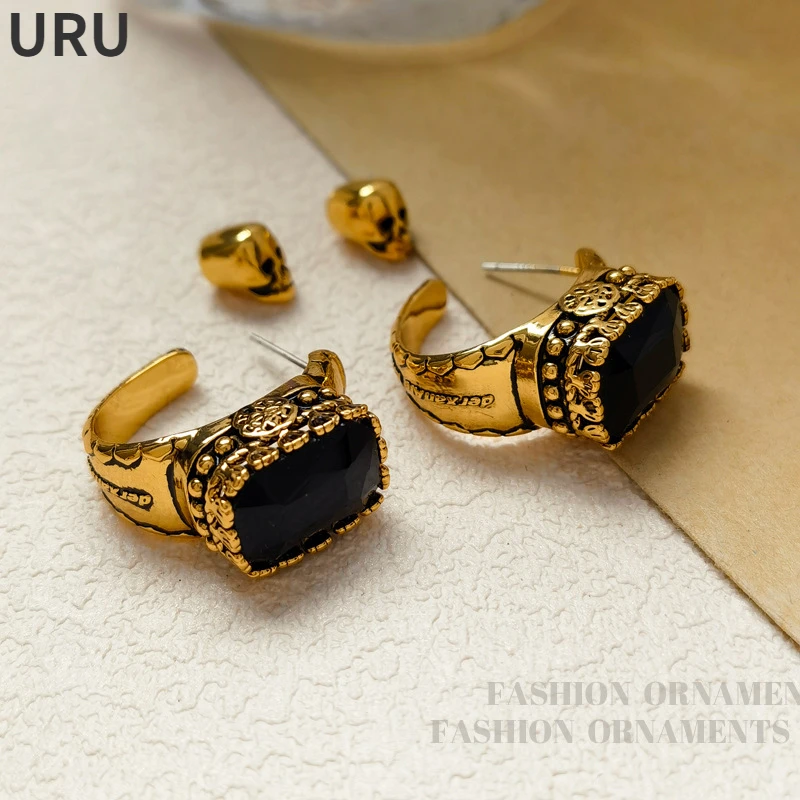 

Trendy Jewelry High Quality Copper Black Glass Stud Earrings For Women Girl Vintage Temperament Accessories