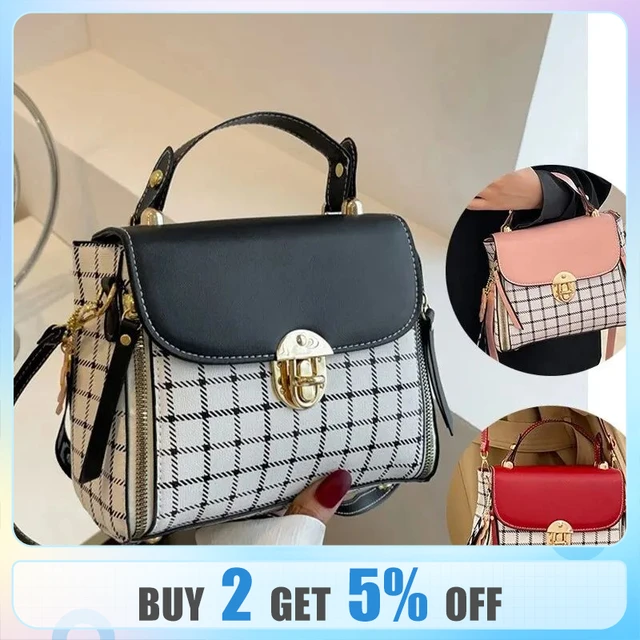 Small Crossbody Bags Faux Leather Top Handle Bag Plaid Cute Square