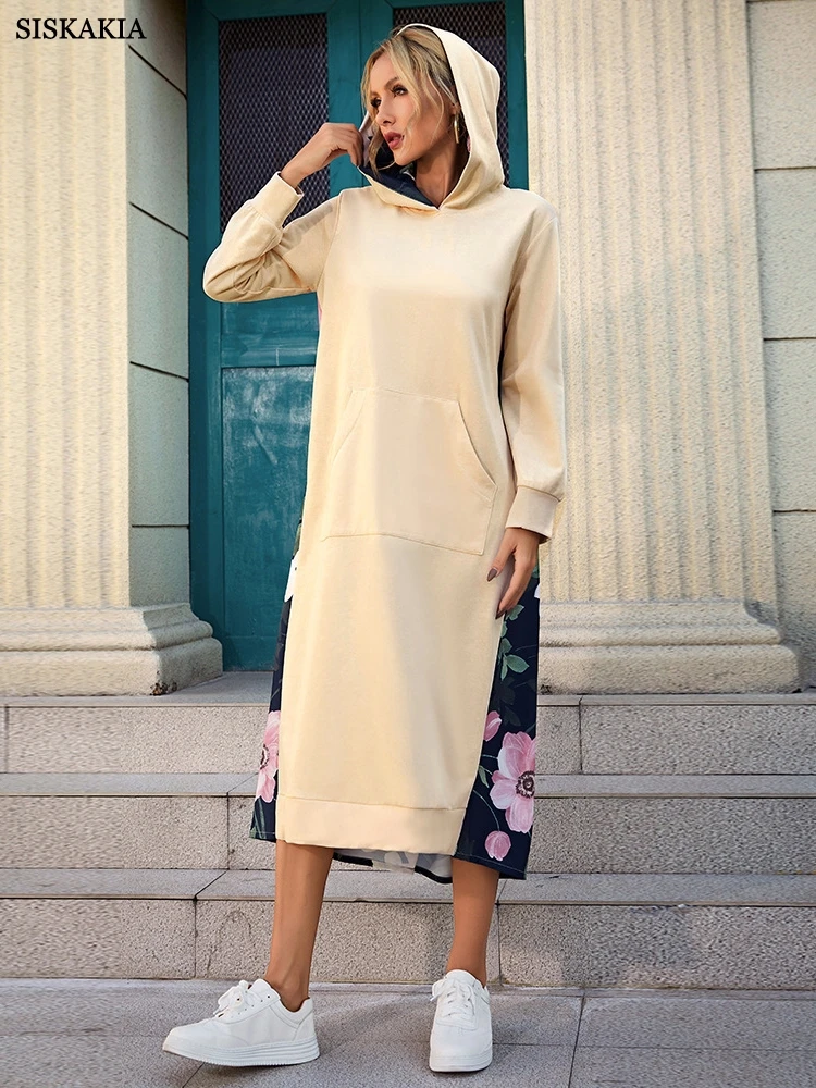 

Siskakia Sweater Dress Fashion Casual Digital Print Patchwork Hooded Women Hoodies Autumn Winter Clothes 2022 Big Pocket Pink
