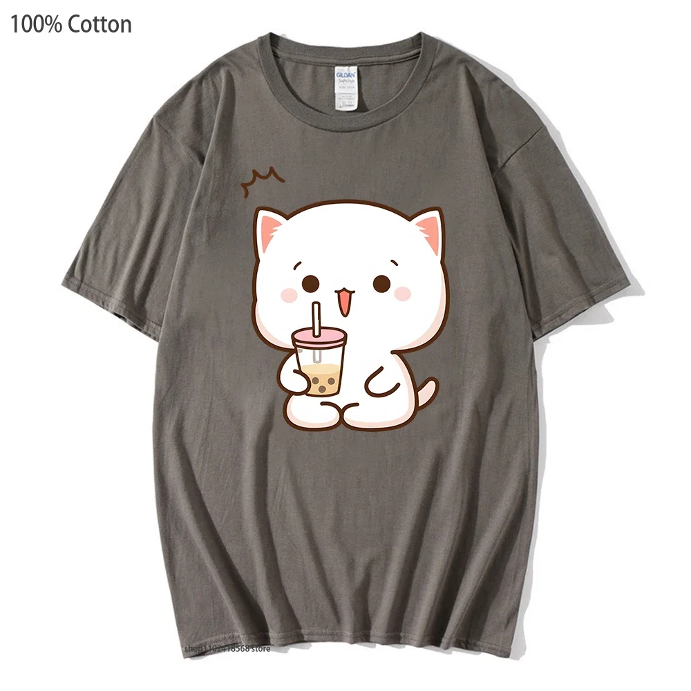 

Peach Cat Print T-Shirts Women Mochi Drink Bubble Tea Cartoon Tshirt Kawaii Girls Tops 100% Cotton Tees Cute Graphic Clothes Men