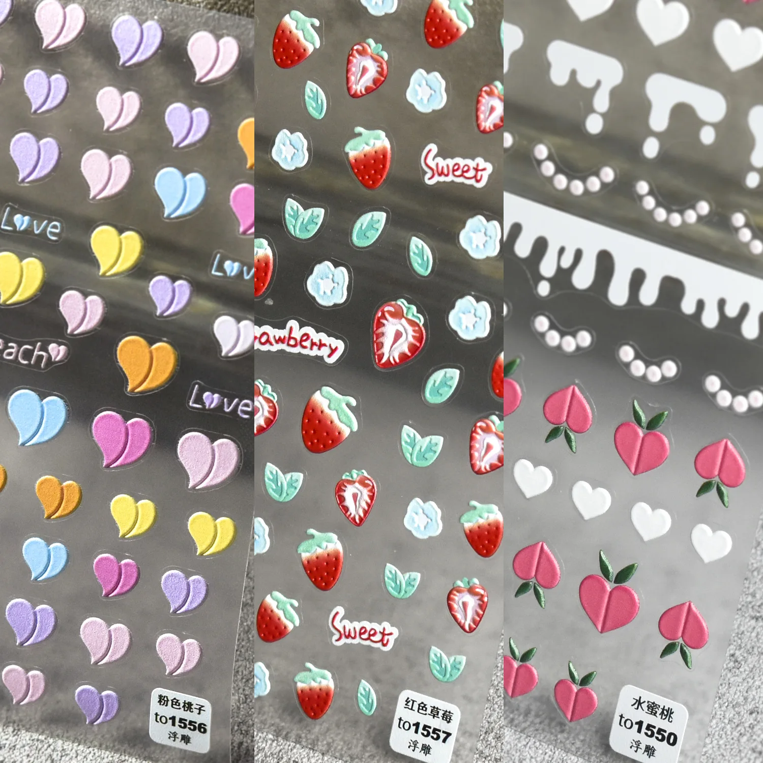 

Embossing Peach Strawberry Love Heart Adhesive Nail Art Sticker Design Decoration Decals DIY Foil Art Manicure T-1556