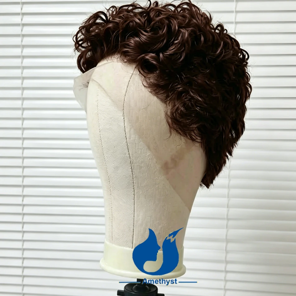 아메시스트 색상 2가지 색상의 짙은 갈색 곱슬머리 남성용 가발 풀 레이스 짧은 픽시컷 인모 브라질 레미 남성 헤어 시스템