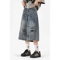 Summer Vintage Trendy Jeans Men's Loose-Fit Ripped Denim Seven-Point Pants Unique Japanese Style Streetwear Fashion