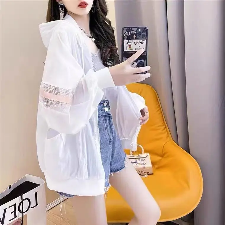 

Куртка женская Солнцезащитная с капюшоном, Пляжная УФ-куртка с длинным рукавом, повседневный белый топ для защиты от солнца, A376, на лето