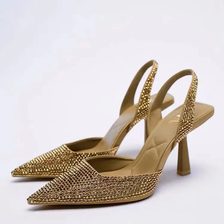 

2024 Autumn New Sandals Women's High Heels Pointed Back Hollow High Heels Colored Diamond Bright Decoration Muller Women's Shoes