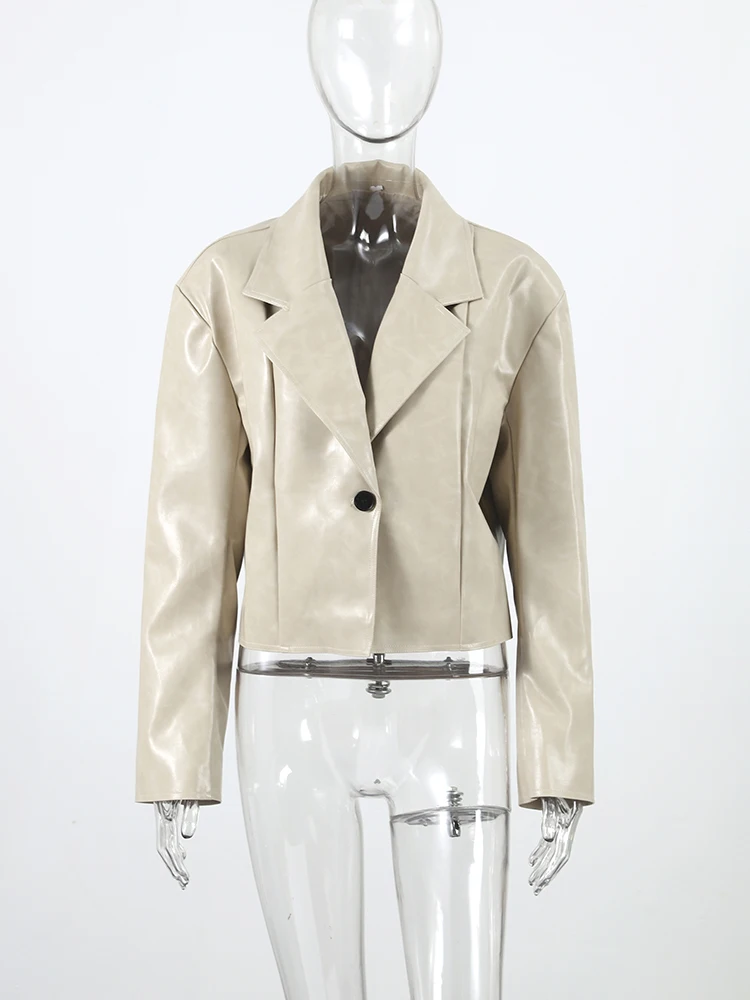 Damen-PU-Lederjacke, großer gekerbter Kragen, Bomberjacken, Herbst 2022, weiblich, langärmelig, Knopf, lose Mäntel, Damen-Oberbekleidung – Detail 8