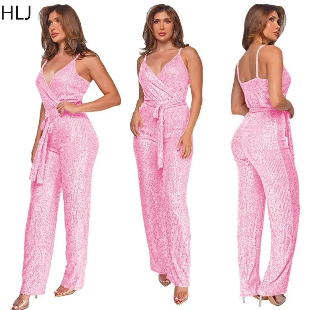 HLJ Fashion V Neck Sequin Lace Up Party Club Jumpsuits Women Sleeveless Backless Bandage Straight Pants Playsuits Spring Overall