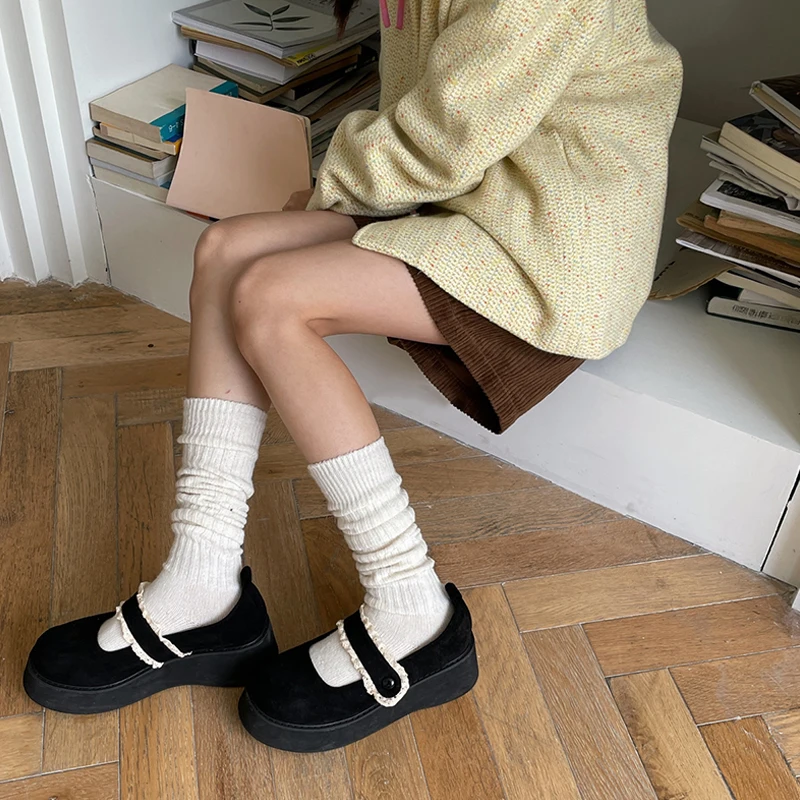 Cozy Wool Knee-Length Stacked Socks - Thick Coffee Colored Winter Warmth