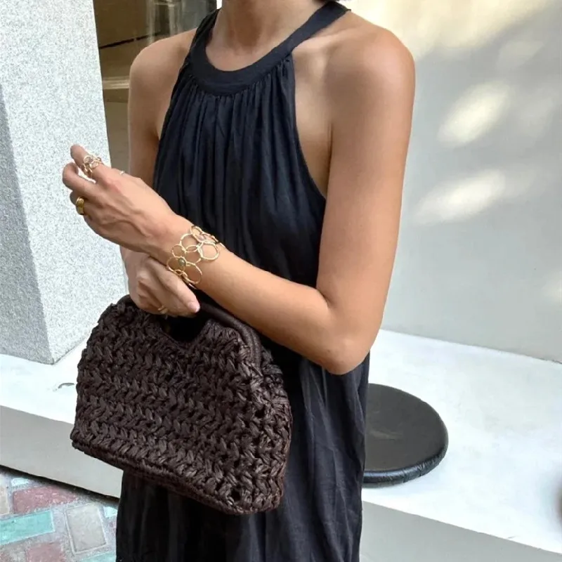 Summer Half-Moon Beach Straw Shoulder Bags Women's Straw Bucket Bag Purse Woven Straw Handbags Casual Tote Crossbody Bag