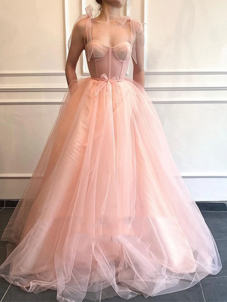 2022 Pink Prom Dresses Spaghetti Strap A-Line Arabic Evening Gown Blush Pink Long Celebrity Party Dress for Graduation women's formal dresses & gowns