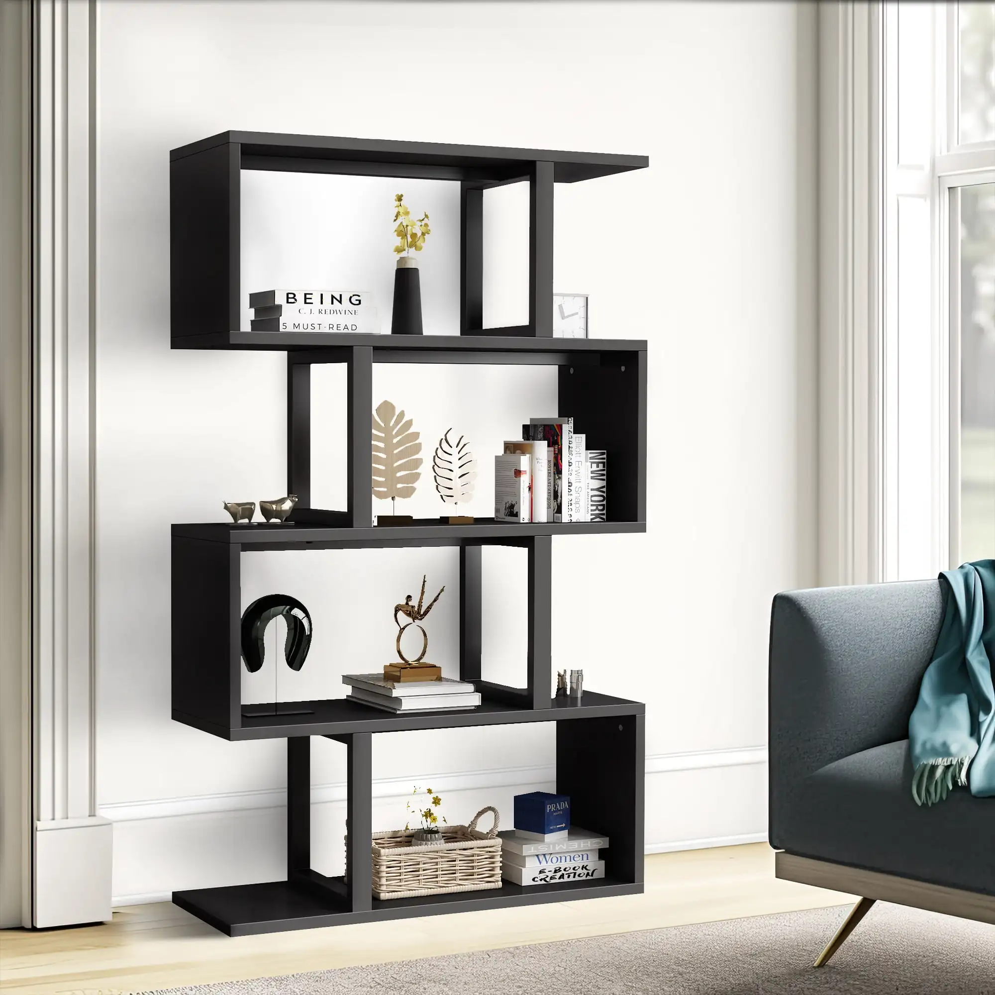 

Dextrus 5-Tier S-Shaped Bookshelf, Geometric Bookcase Wooden Z-Shelf Storage Modern Open Shelving, Freestanding Display