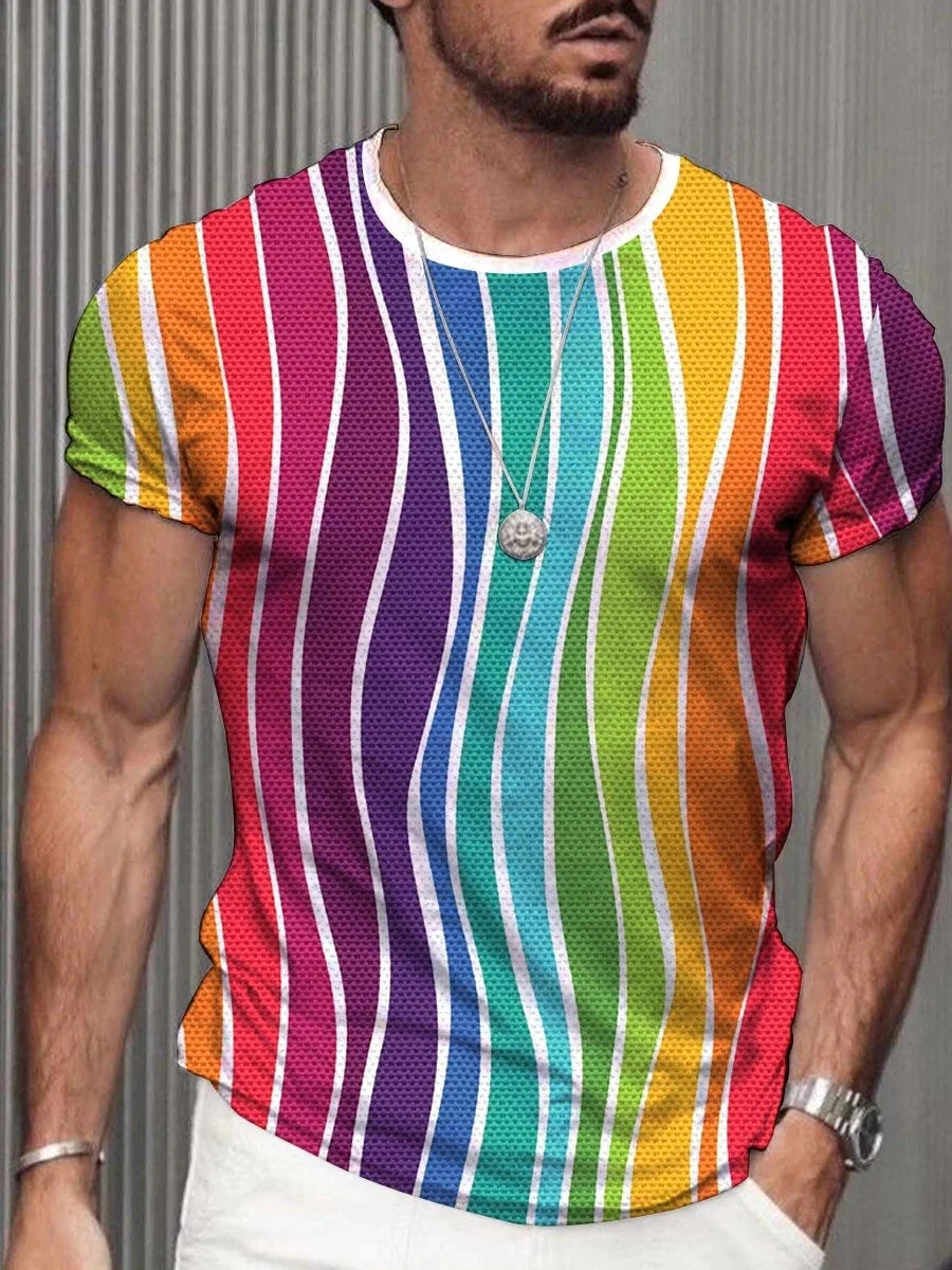 

2023 Summer Men's Printed Casual Crew Neck Short Sleeve T-Shirt Men's Rainbow Stripe T-Shirt 3D Printed T Shirt