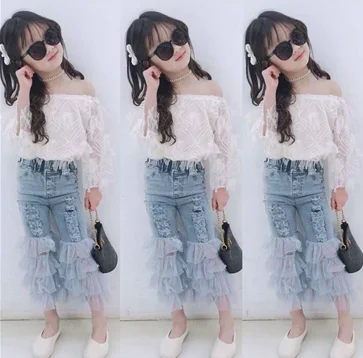 

Летняя одежда для девочек из 2 предметов, сетчатый кружевной топ с прозрачными рукавами, длинные джинсовые брюки с оборками, детская одежда