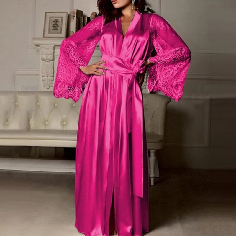 Womens Nightdress Sexy Long Polyester Lingerie Nightwear Bath Robe Gown Imitation Ice Silk Nightdress Solid Color Nightgown Thin