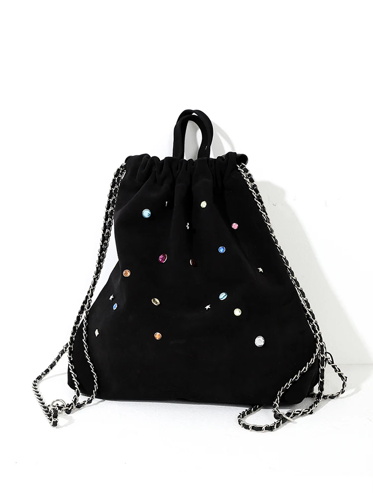 JulioFlorecer Korean Niche Frosted PU Suede Patchwork Colorful Gemstone Chain Backpack Drawstring Bag Female Purse Free Shipping