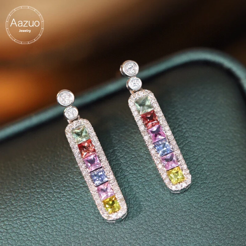 Aazuo 100% 18K White Gold Yellow Gold Natural Sappires Real Diamond Long Drop Earrings Gifted For Women Engagement Wedding Party