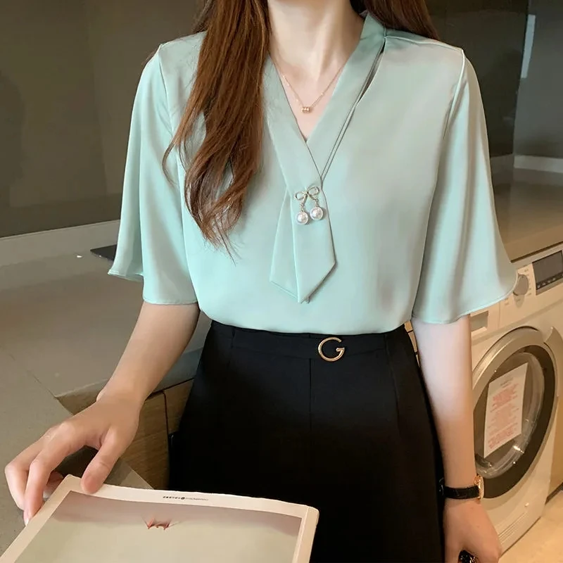 Fashion Chiffon Women Blouse Tops 2023 Summer Office Lady Short Sleeve White Women Shirts With Tie V Neck Loose Female Clothing
