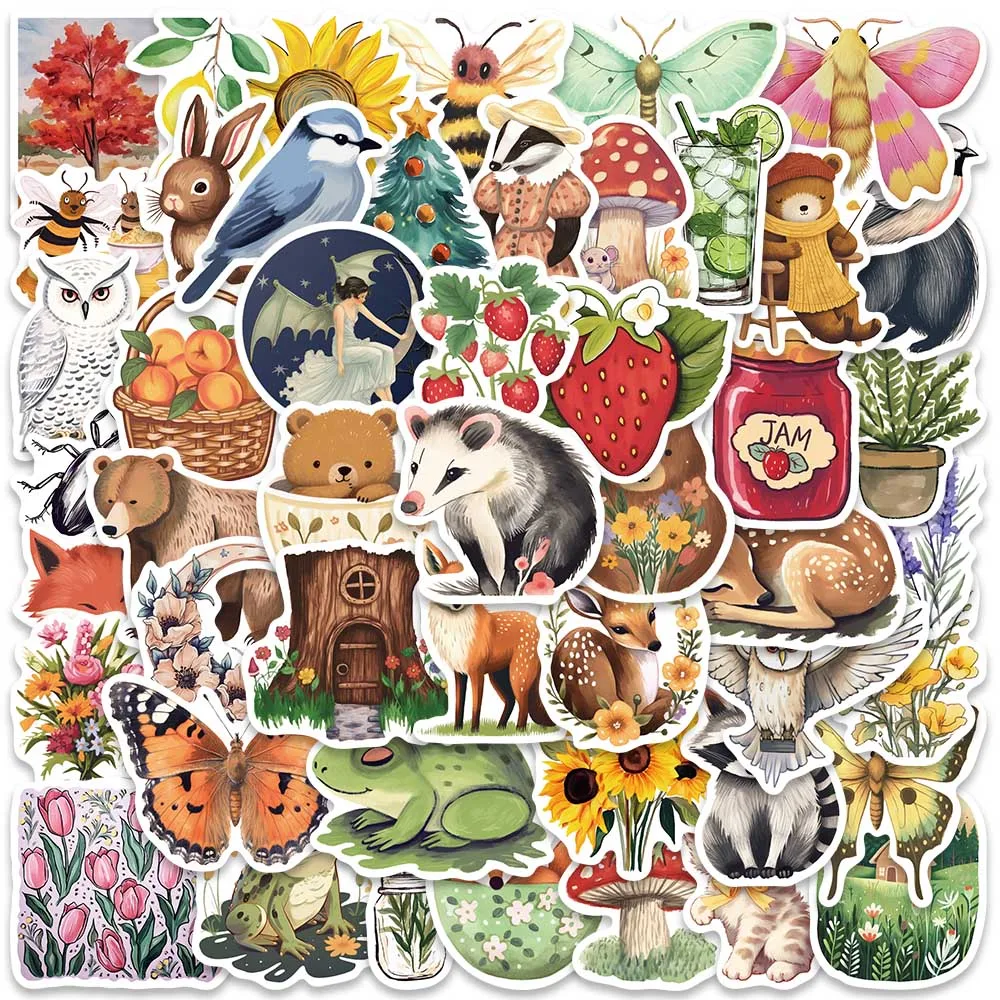 50pcs Retro Cartoon Animals Plants Magic Forest Stickers For Laptop Phone Guitar Luggage Waterproof Graffiti Vinyl Decals 10 30 50pcs magic witch goth stickers for phone laptop luggage skateboard waterproof cool cartoon graffiti decals for kids toys