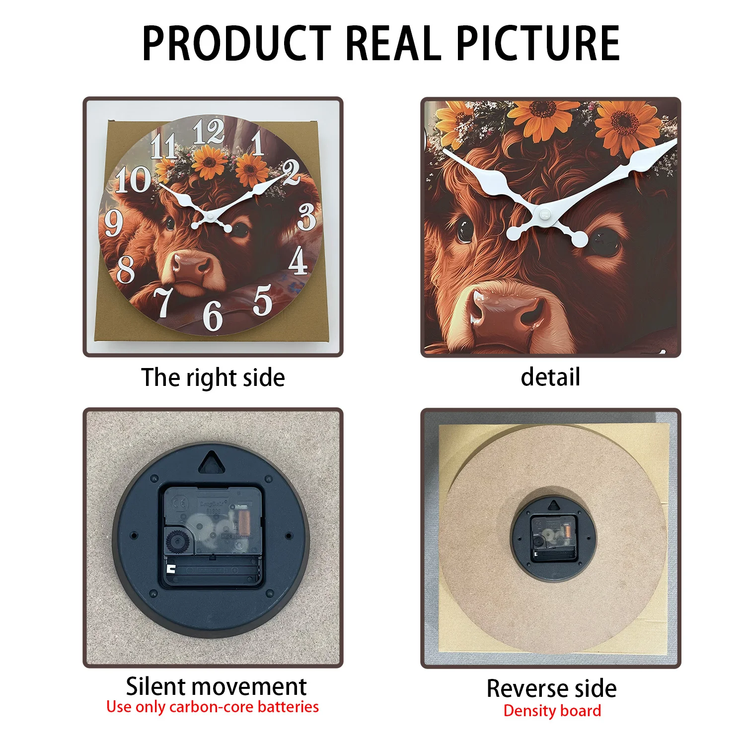 Highland Cow Sunflower Wooden Wall Clock – Silent Decor 4