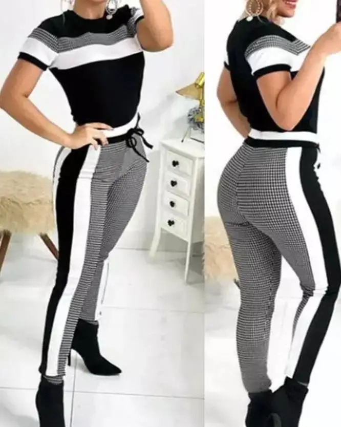 2023 New Temperament Commuting O Neck Short Sleeve Striped Plaid Colorblock Drawstring Skinny Daily Casual Pants Sets for Women