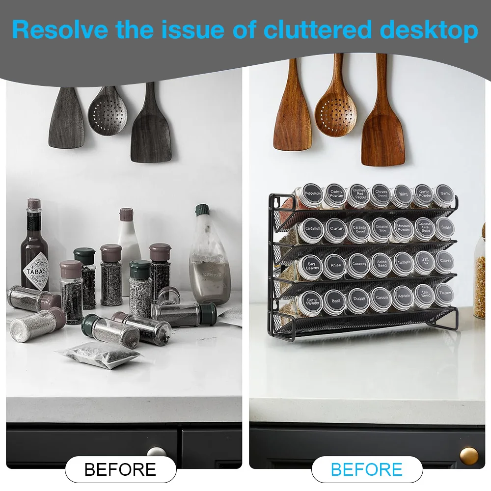 Kitchen Spice Rack 3/4 Tier Wall Mounted With Glass Jars