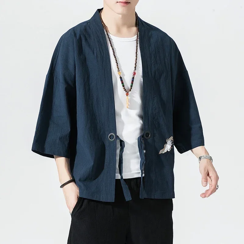 Japanese Kimono Japanese Kimono Cardigan Japanese Kimono Shirt Cotton Linen Men Kimono Cardigan Japanese Obi Male Yukata Haori Thin Causal Samurai Clothing Traditional Streetwear Jacket