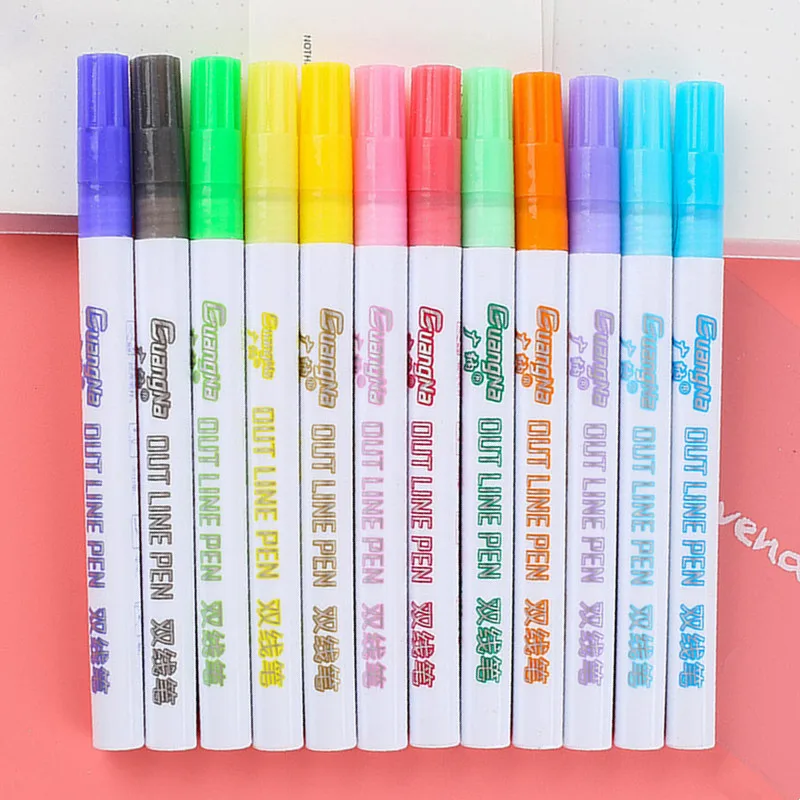8/12pcs Double Color Out Line Pen Suliver Glitter Marker Student Writing Drawing Highlighter School Office Supply Stationery