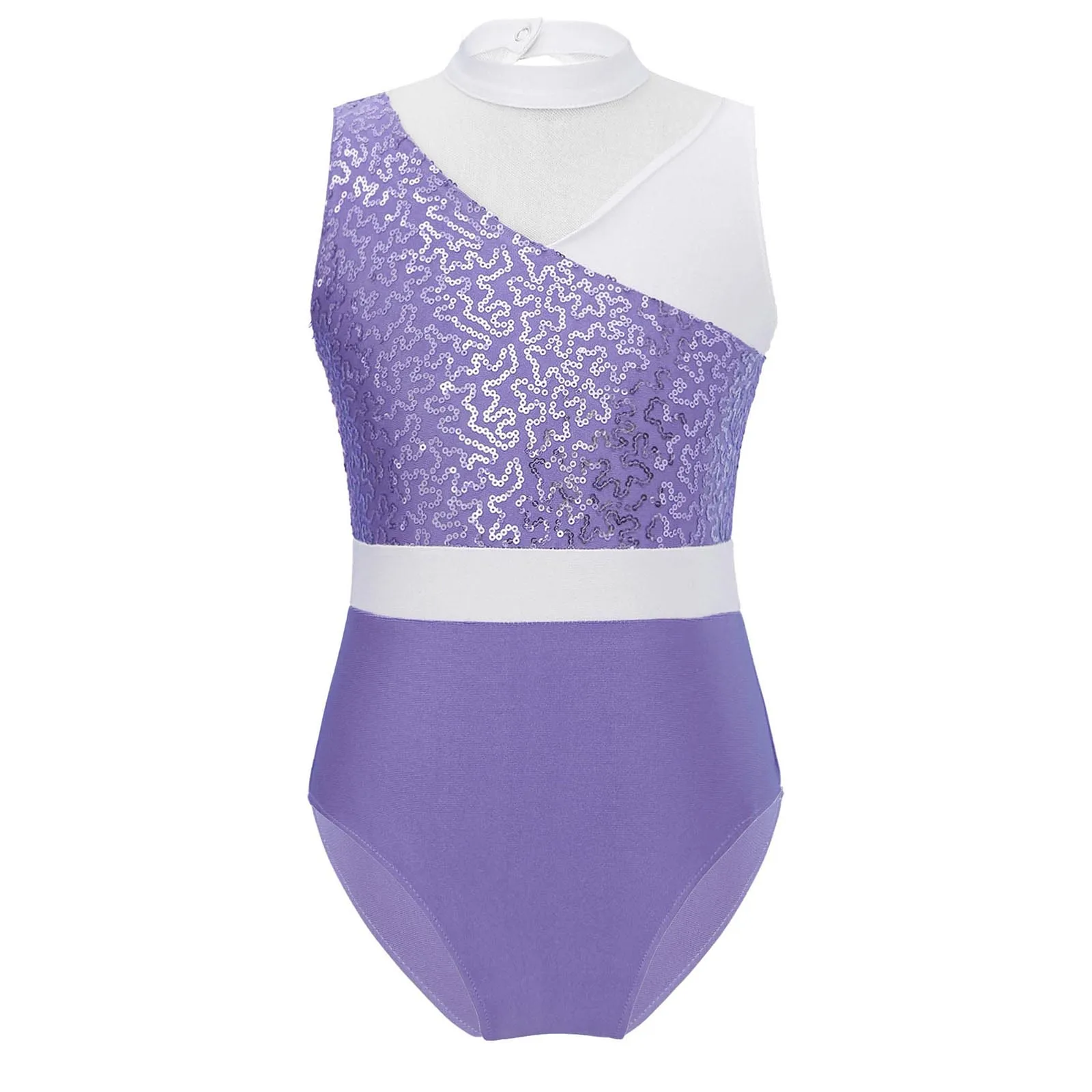 

Girls Sleeveless Shiny Sequin Ballet Leotards Round Neck Sheer Mesh Patchwork Contrast Color Dance Gymnastics Jumpsuit Dancewear