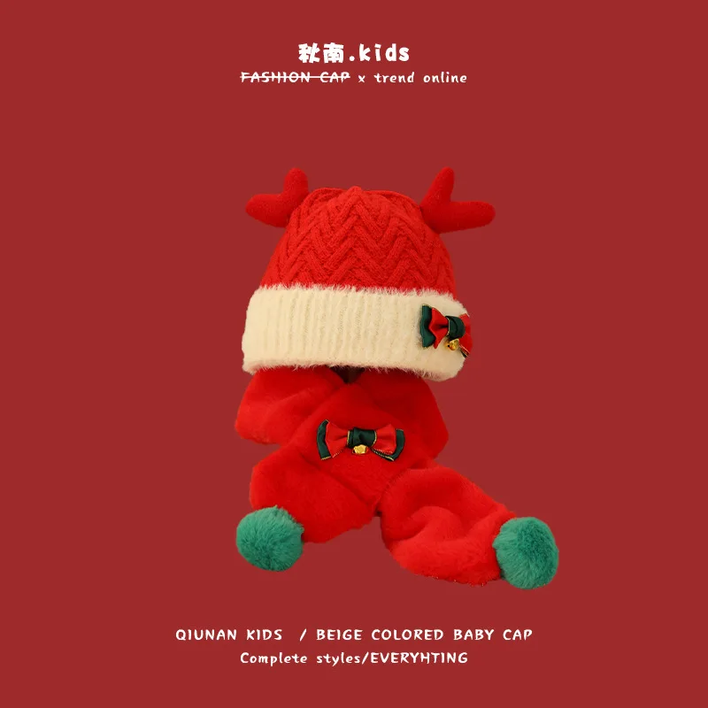 2-8Years Children's Hat Winter New Red New Year Warm Christmas Scarfs Hat Set Girls Boys Warm Baby Scarves