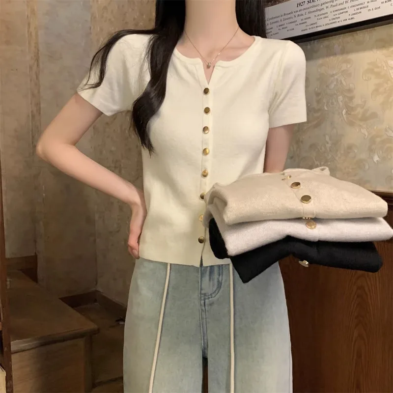 New Women's Knitted Button Shirt Stylish and Elegant Women's Office Short Sleeve Crew Neck Pullover
