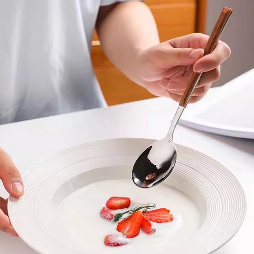 5PCS Stainless Steel Imitation Wooden Handle Cutlery Set Western Tableware Knife Fork Spoon Kitchen Flatware Set Dinnerware