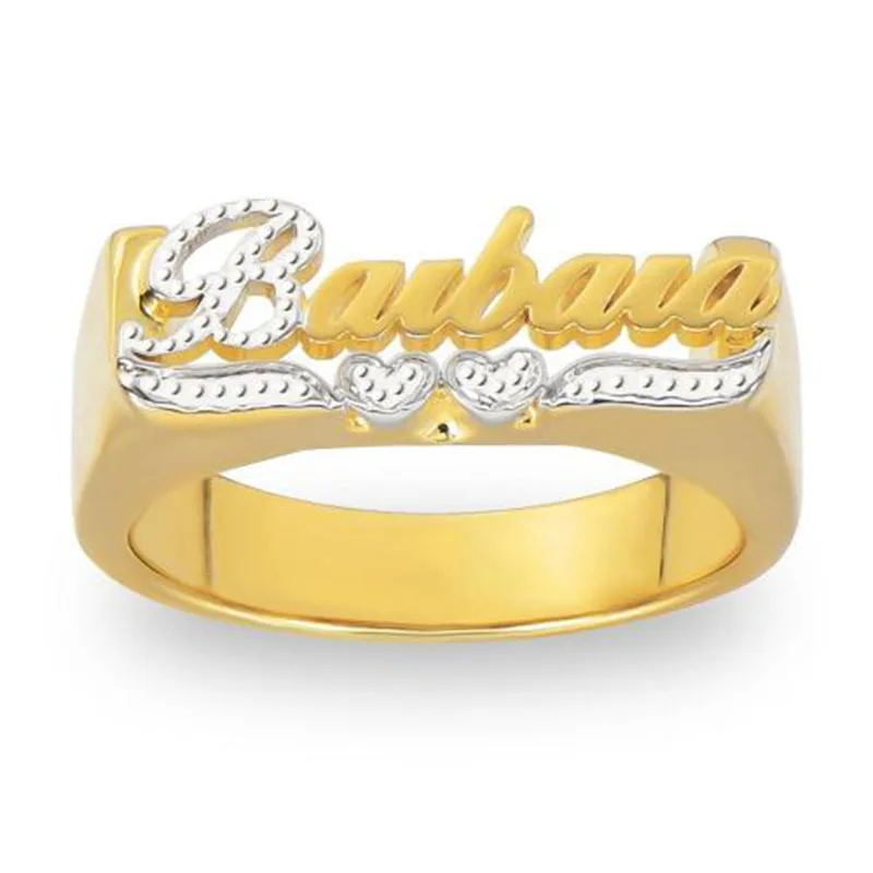 Retro 925 Sterling Silver Name Ring Flat Stamp Custom Letter Heart Zircon Two Finger Rings Personalize Gifts Man Women Jewelry