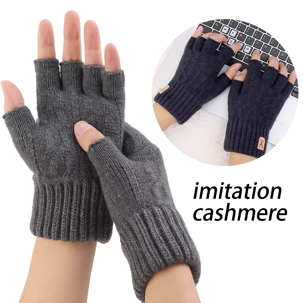 Guantes Térmicos de punto grueso sin dedos para hombres y adultos, mitones  cálidos de medio dedo, Invierno - AliExpress