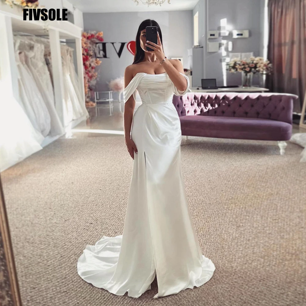 

Fivsole High Slit Satin Mermaid Wedding Dress for Women Pleat Long Tail Robe De Mariée Elegante Vestido De Noiva Blanco Robe