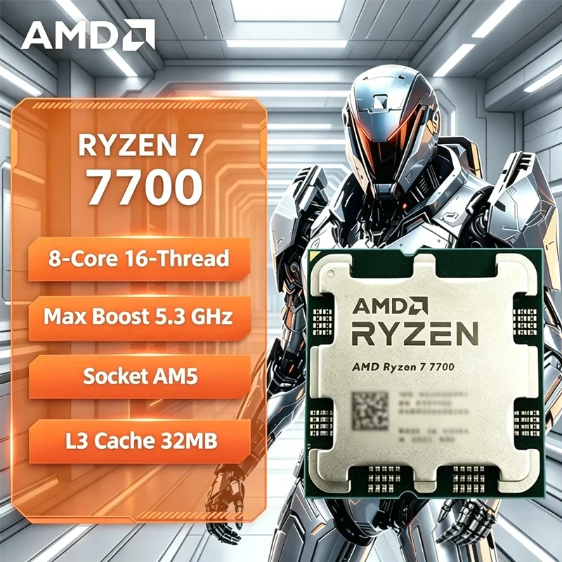 AMD 라이젠 7 7700 R7 7700 CPU 8코어 16스레드 5.3GHz 언락 데스크탑 프로세서 소켓 AM5 게이밍 CPU (패키지 미포함)