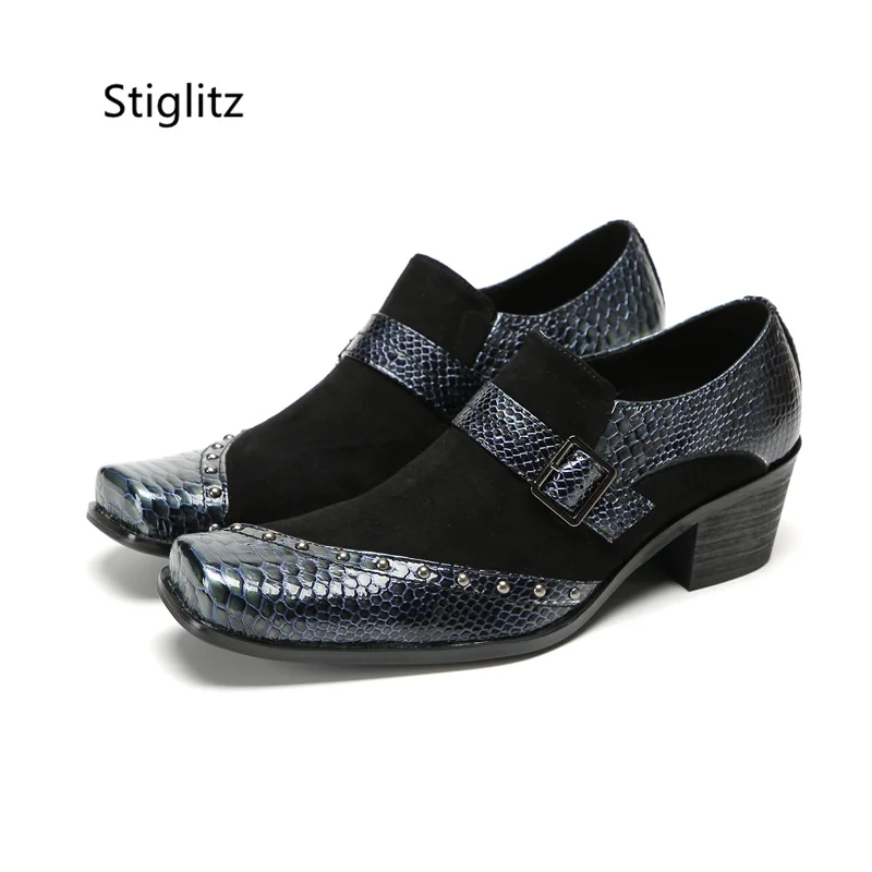 

Men's Square Toe Leather Shoes Metal Buckle Rivet Snake Pattern Casual Business Shoes for Men Slip On Wedding Office Dress Shoes