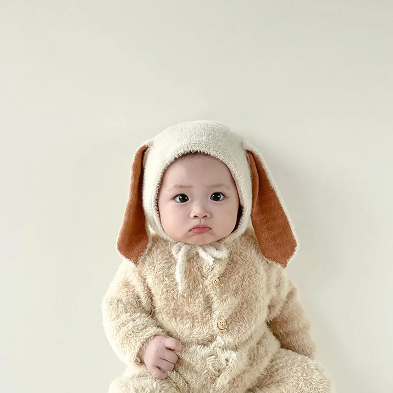 Winter Plush Baby Bunny Hat With Rabbit Ear Kids Beanie Cap For Girls Adjustable Thick Warm Kids Bonnet Cap Infant Accessories autumn winter baby boys girls fleece cute rabbit ear caps kids warm plush hat soft beanie hat photography props