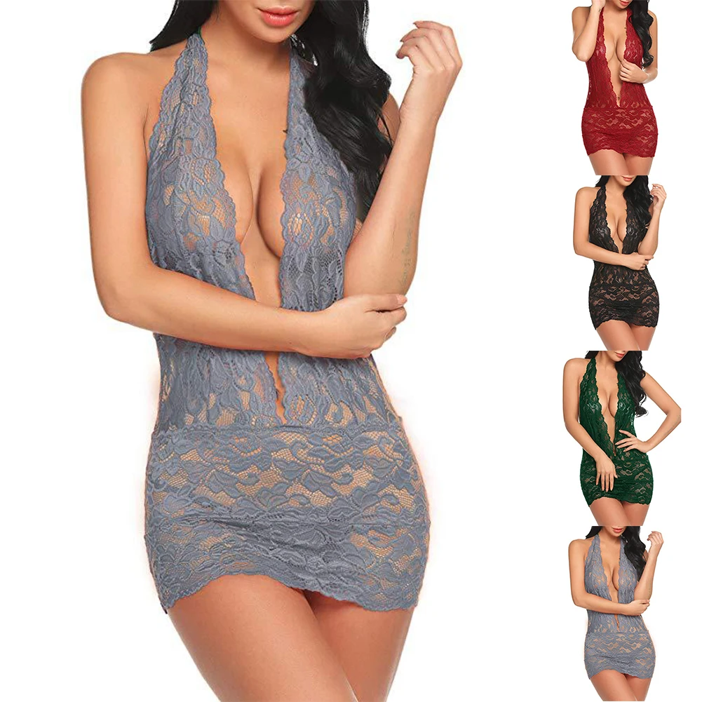 

Night Dress Women Sexy Transparent Deep V Neck Halter Bodycon Dress See Through Hollow Nightdress Porno-Clubwear Lingerie