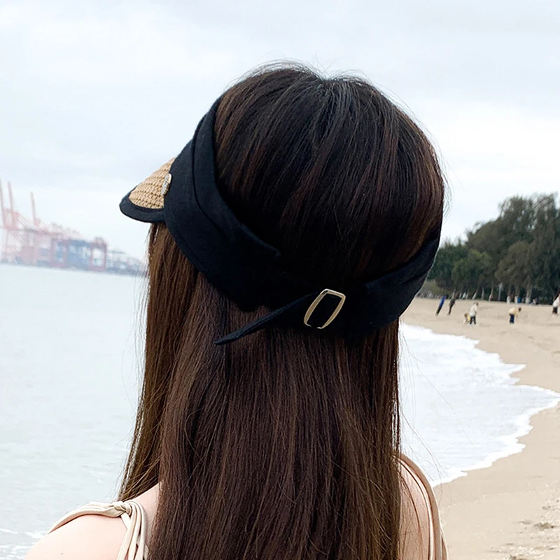 Womens Fashion Empty Top Straw Hat Travel Beach Sunshade Sun Hat Foldable Cruise Visor Cap For Ladies