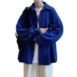 Ins Klein Blue Corduroy Men Shirt Korean Style Loose Men Jacket Long-Sleeved Men&Women Shirt Top Men Clothing Coat B0078