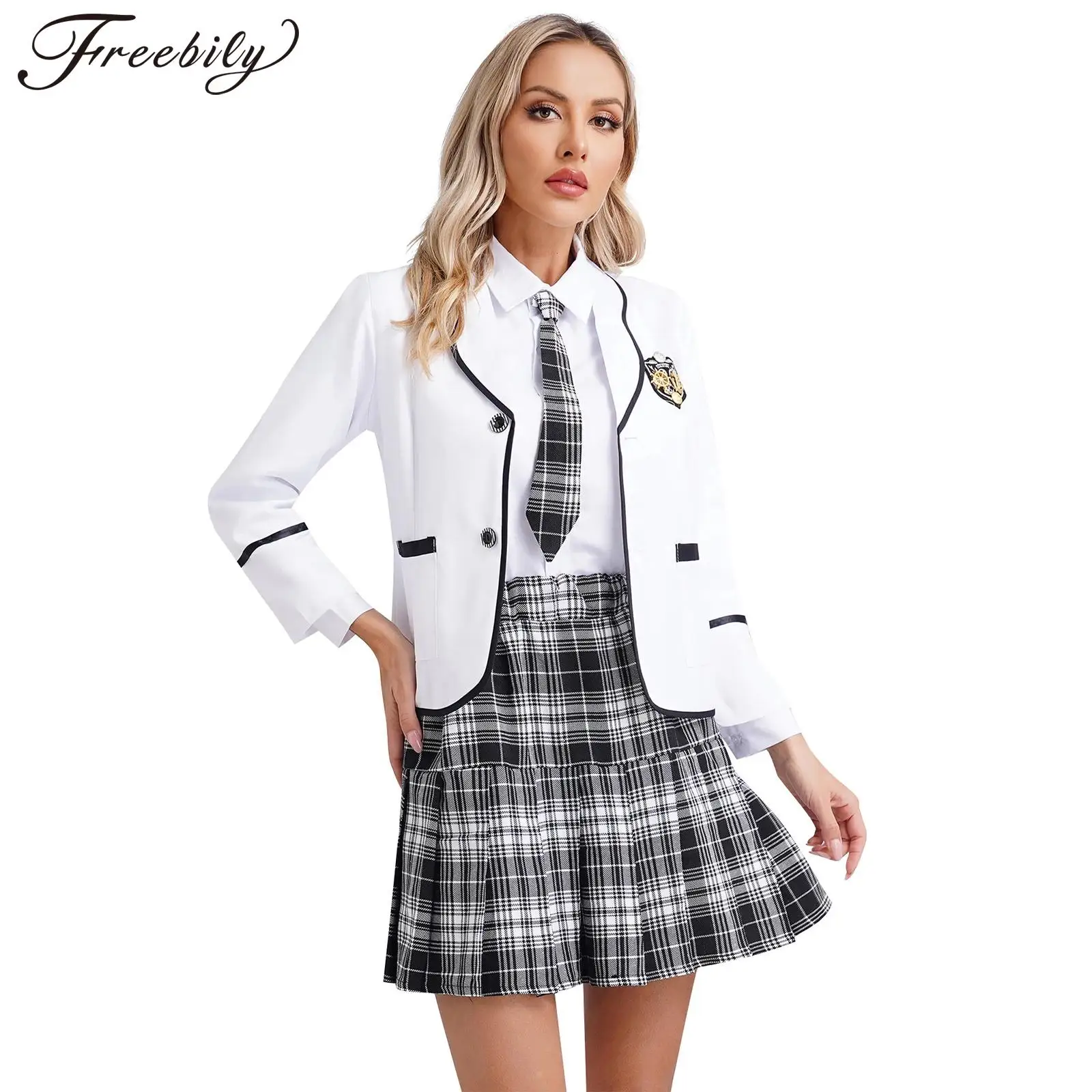 

Womens British Style Schoolgirl Uniform Long Sleeve Waisted Shirt with Necktie Badge Brooch Pleated Skirt Halloween Costumes