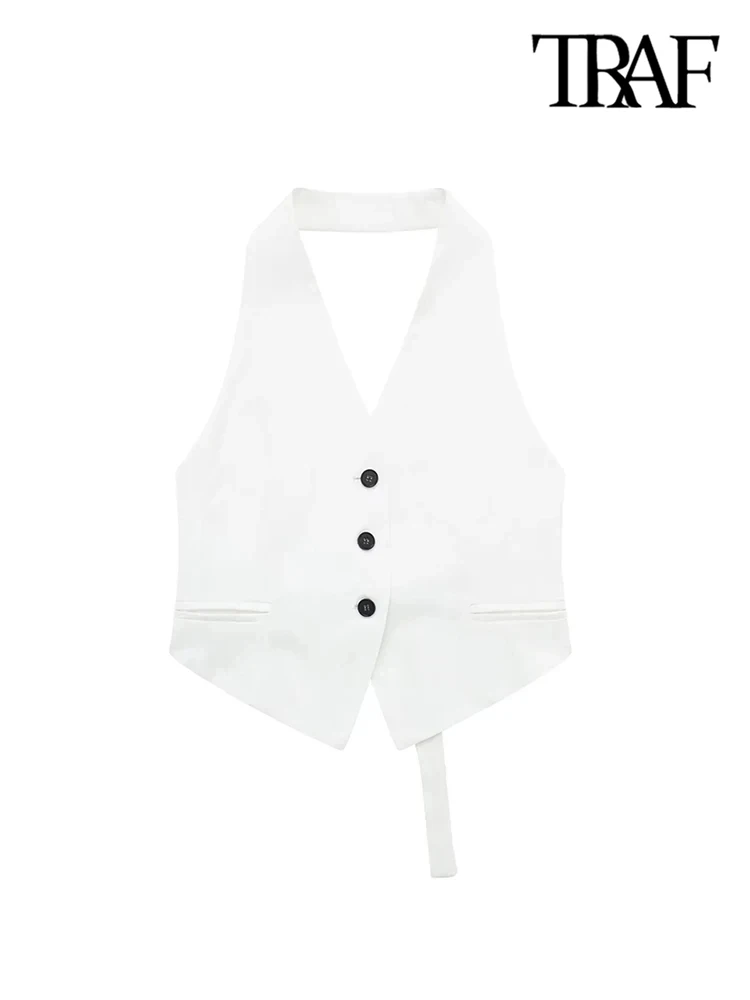 TRAF Women Fashion Backless Halter Neck Waistcoat Sexy Sleeveless Button-up Female Outerwear Chic Vest Tops 5